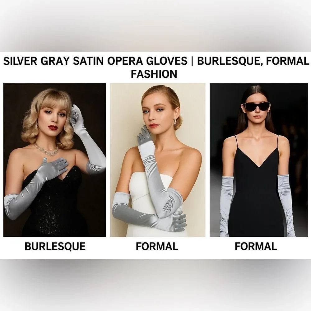 Glam Satin Opera Gloves | Grey |Size 13–16 Burlesque, Formal, Vintage Shoot 💋